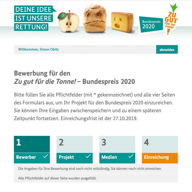 Formular zur Bewerbung für den Bundespreis der Initiative Zu gut für die Tonne! des BMEL